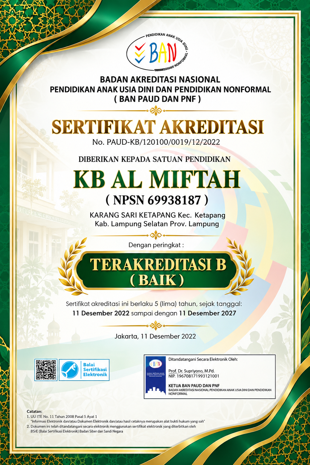 Sertifikat Akreditasi KB Al Miftah